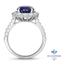 Load image into Gallery viewer, 4.79ct. Oval Blue Sapphire Ring with Diamond Halo in 18K White Gold
