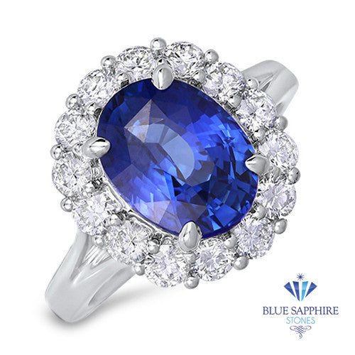 4.45ct. Oval Blue Sapphire Ring with Diamond Halo in 18K White Gold