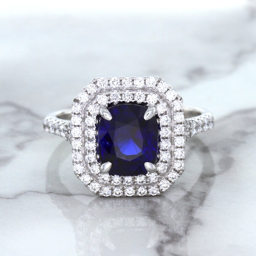 3.31ct. Cushion GIA Certified Blue Sapphire Ring with Double Diamond Halo in 18K White Gold