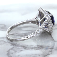 Load image into Gallery viewer, 3.31ct. Cushion GIA Certified Blue Sapphire Ring with Double Diamond Halo in 18K White Gold
