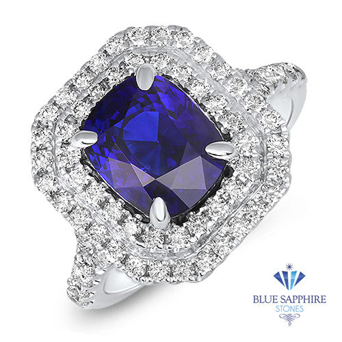 3.31ct. Cushion Blue Sapphire Ring with Diamond Halo in 18K White Gold