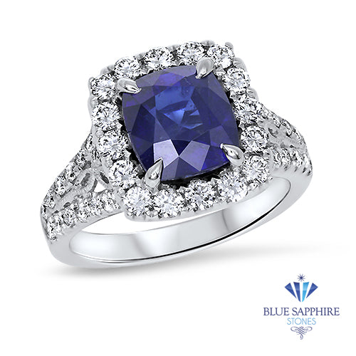 3.26ct. Cushion GIA Certified Blue Sapphire Ring with Diamond Halo in 18K White Gold