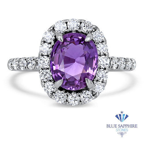 2.46ct Unheated EGL Certified Oval Purple Sapphire Ring with Diamond Halo in 18K White Gold