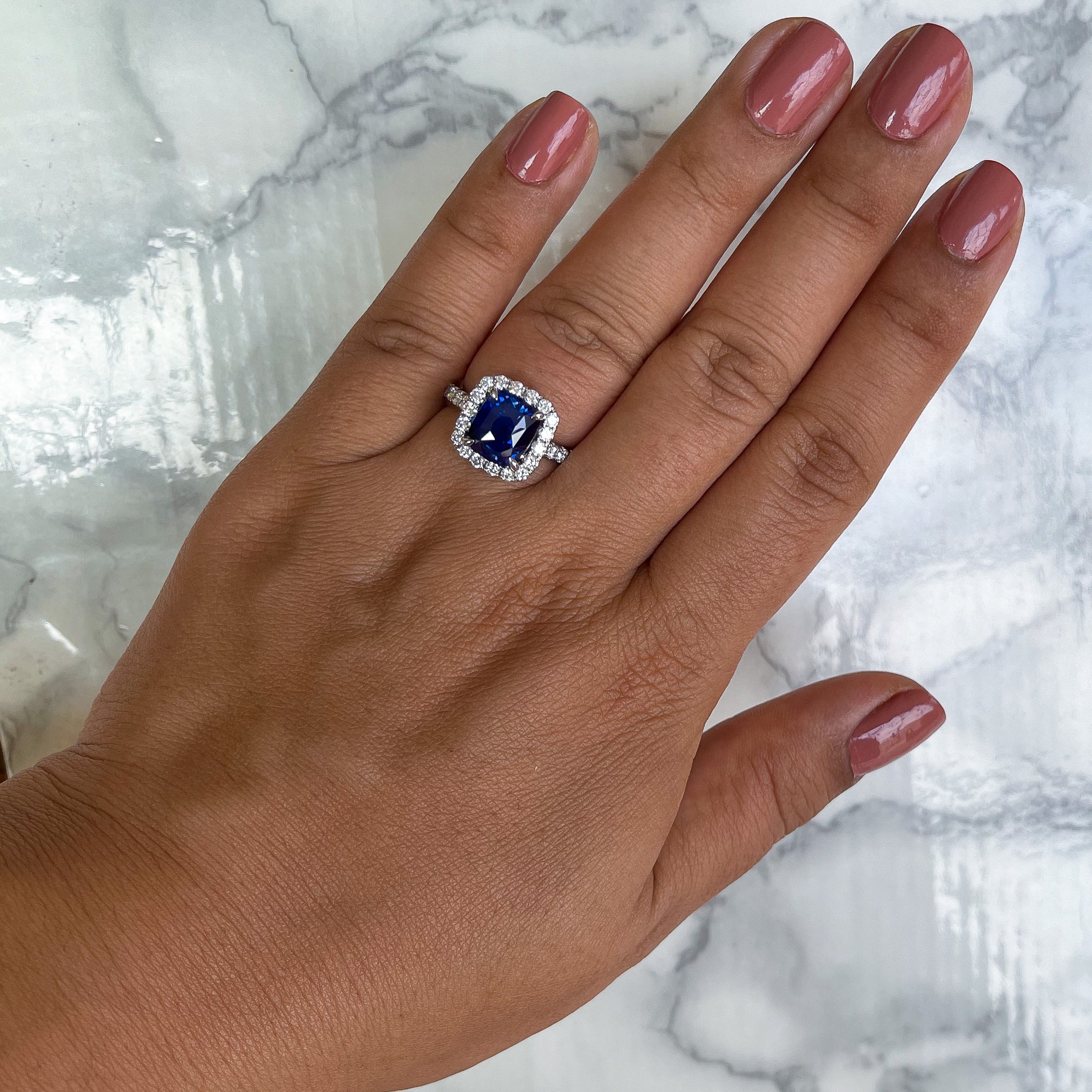 4.41ct. Cushion Blue Sapphire Ring with Diamond Halo in 18K
