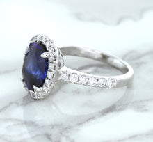 Load image into Gallery viewer, 3.68ct. Oval GIA Certified Blue Sapphire Ring with Diamond Halo in 18K White Gold
