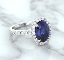 Load image into Gallery viewer, 3.68ct. Oval GIA Certified Blue Sapphire Ring with Diamond Halo in 18K White Gold
