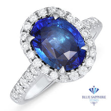 Load image into Gallery viewer, 3.68ct. Oval Blue Sapphire Ring with Diamond Halo in 18K White Gold
