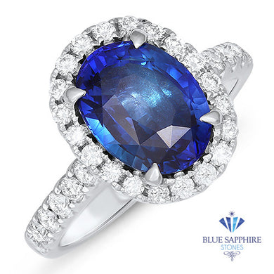 3.68ct. Oval Blue Sapphire Ring with Diamond Halo in 18K White Gold