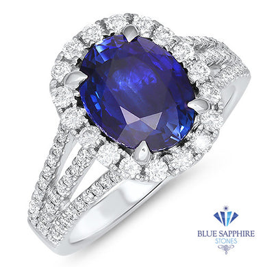 3.59ct. Oval Blue Sapphire Ring with Diamond Halo in 18K White Gold