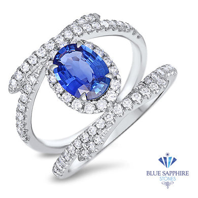 1.33ct Oval Blue Sapphire Ring with Diamond Halo in 18K White Gold