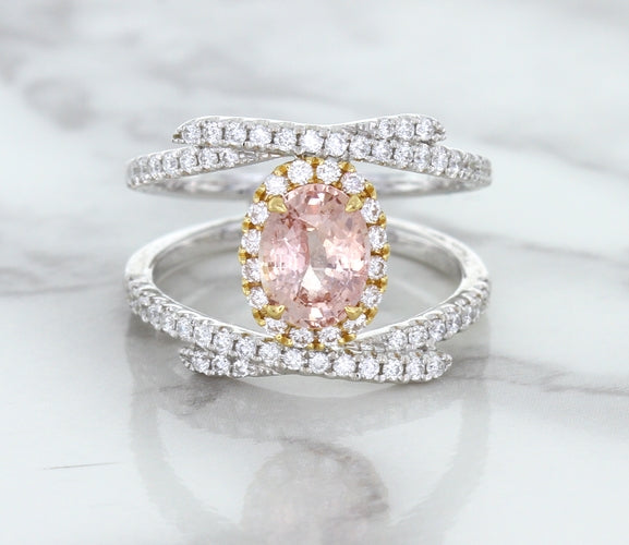 1.62ct Oval Padparadscha Ring with Diamond Halo in 18K White and Rose Gold
