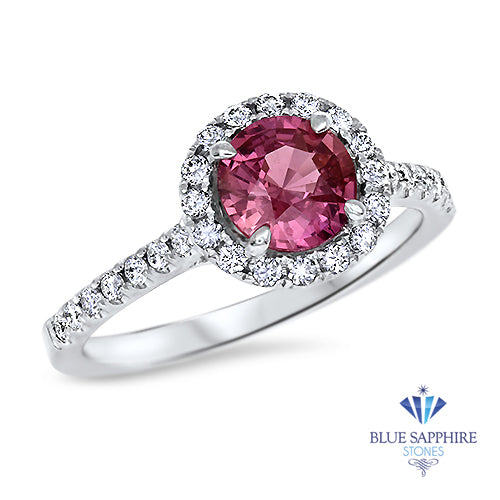 1.03ct Round Pink Sapphire Ring with Diamond Halo in 18K White Gold