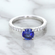 Load image into Gallery viewer, 1.12ct Round Blue Sapphire Ring with Diamond Accents in 18K White Gold
