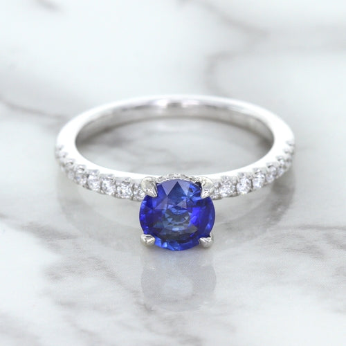 1.12ct Round Blue Sapphire Ring with Diamond Accents in 18K White Gold