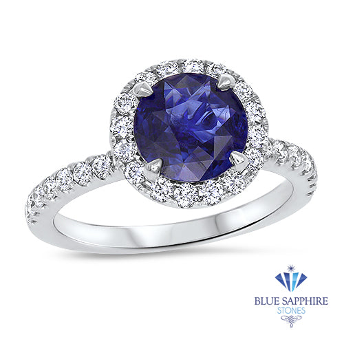 1.62ct Round Blue Sapphire Ring with Diamond Halo in 18K White Gold
