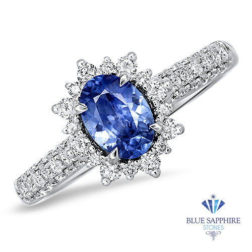 0.85ct. Oval Blue Sapphire Ring with Diamond Halo in 18K White Gold