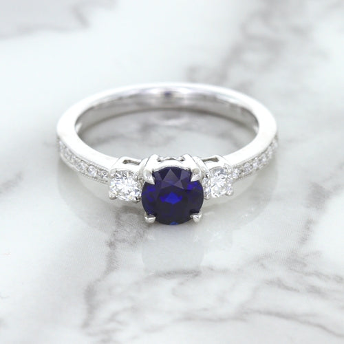 1.07ct Round Blue Sapphire Ring with Diamond Accents in 18K White Gold