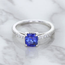 Load image into Gallery viewer, 1.43ct Cushion Unheated Blue Sapphire Ring with Diamond Accents in 18K White Gold
