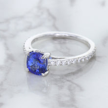 Load image into Gallery viewer, 1.43ct Cushion Unheated Blue Sapphire Ring with Diamond Accents in 18K White Gold
