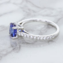 Load image into Gallery viewer, 1.43ct Cushion Unheated Blue Sapphire Ring with Diamond Accents in 18K White Gold
