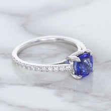 Load image into Gallery viewer, 1.43ct Cushion Unheated Blue Sapphire Ring with Diamond Accents in 18K White Gold
