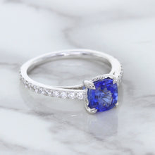 Load image into Gallery viewer, 1.43ct Cushion Unheated Blue Sapphire Ring with Diamond Accents in 18K White Gold
