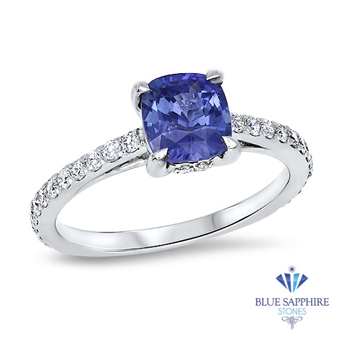 1.43ct Cushion Unheated Blue Sapphire Ring with Diamond Accents in 18K White Gold