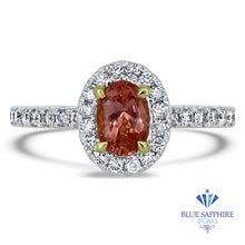 Load image into Gallery viewer, 1.02ct Oval GIA Certified Padparadscha Ring with Diamond Halo in 18K White Gold
