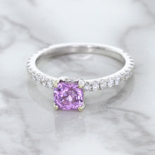 Load image into Gallery viewer, 1.36ct Cushion Unheated Lavender Sapphire Ring with Diamonds in 18K White Gold
