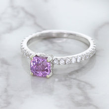 Load image into Gallery viewer, 1.36ct Cushion Unheated Lavender Sapphire Ring with Diamonds in 18K White Gold
