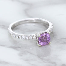 Load image into Gallery viewer, 1.36ct Cushion Unheated Lavender Sapphire Ring with Diamonds in 18K White Gold
