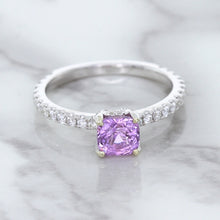 Load image into Gallery viewer, 1.36ct Cushion Unheated Lavender Sapphire Ring with Diamonds in 18K White Gold
