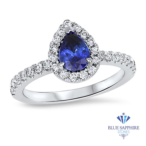 0.94ct Pear Blue Sapphire Ring with Diamond Halo in 18K White Gold