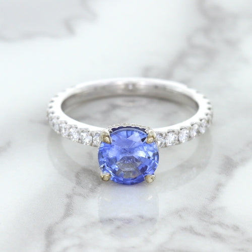 1.75ct. EGL Certified Round Blue Sapphire Ring with Hidden Diamond Halo in 18K White Gold