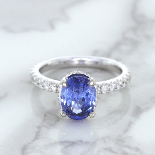 3.30ct Oval Blue Sapphire Ring with Hidden Diamond Halo in 18K White Gold