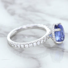 Load image into Gallery viewer, 3.30ct Oval Blue Sapphire Ring with Hidden Diamond Halo in 18K White Gold
