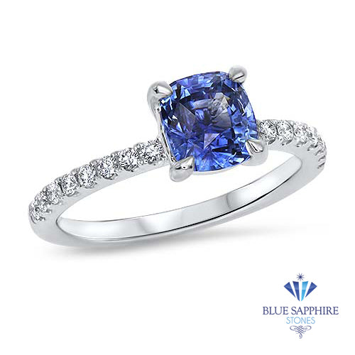 1.85ct. Unheated Cushion EGL Certified Blue Sapphire Ring with Diamond Accents in 18K White Gold