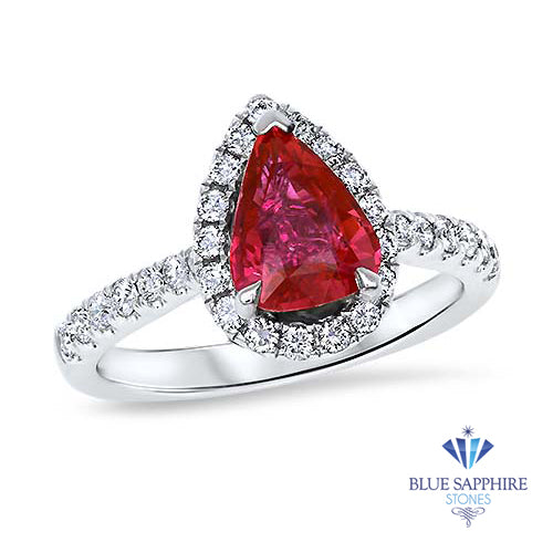 1.67ct Pear Shaped Unheated Pink Sapphire Ring with Diamond Halo in 18K White Gold