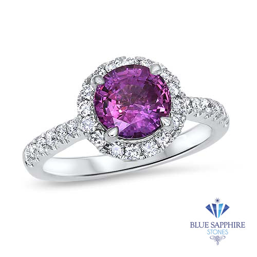 2.04ct Round EGL Certified Purple Sapphire Ring with Diamond Halo in 18K White Gold