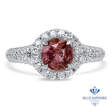 Load image into Gallery viewer, 1.07ct Round Padparadscha Ring with Diamond Halo in 18K White Gold
