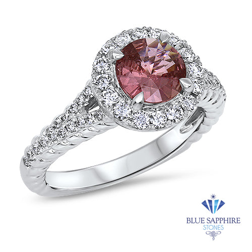 1.07ct Round Padparadscha Ring with Diamond Halo in 18K White Gold