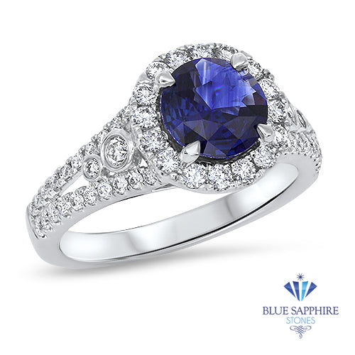 1.30ct Round Blue Sapphire Ring with Diamond Halo in 18K White Gold