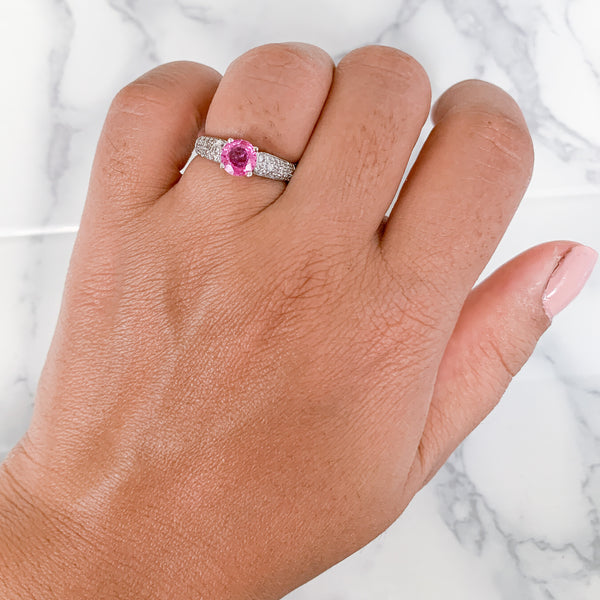 1.14ct Round Pink Sapphire Ring with Diamond Accents in 14K White Gold