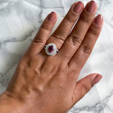 Load image into Gallery viewer, 2.68ct Oval Ruby Ring with Double  Diamond Halo in 18K White Gold
