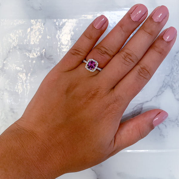 1.60ct Cushion Pink Sapphire Ring with Diamond Halo in 18K White Gold