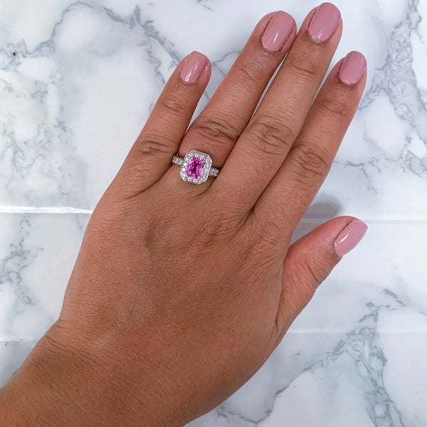 1.56ct Radiant Pink Sapphire Ring with Diamond Halo in 18K White Gold