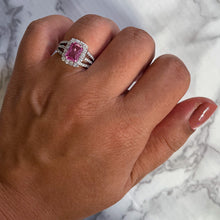 Load image into Gallery viewer, 2.25ct Emerald Cut Pink Sapphire Ring with Diamond halo in 18K White Gold
