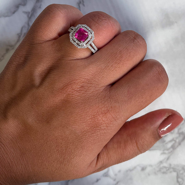 1.50ct Princess Pink Sapphire Ring with Double Diamond Halo in 14K White Gold