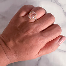 Load image into Gallery viewer, 4.61ct Oval Peach Sapphire Ring with Diamond Halo in 18K Rose Gold
