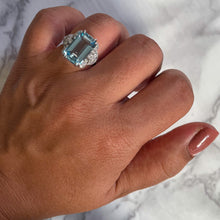 Load image into Gallery viewer, 6.47ct Emerald Aquamarine Ring with Diamond Accents in 18K White Gold

